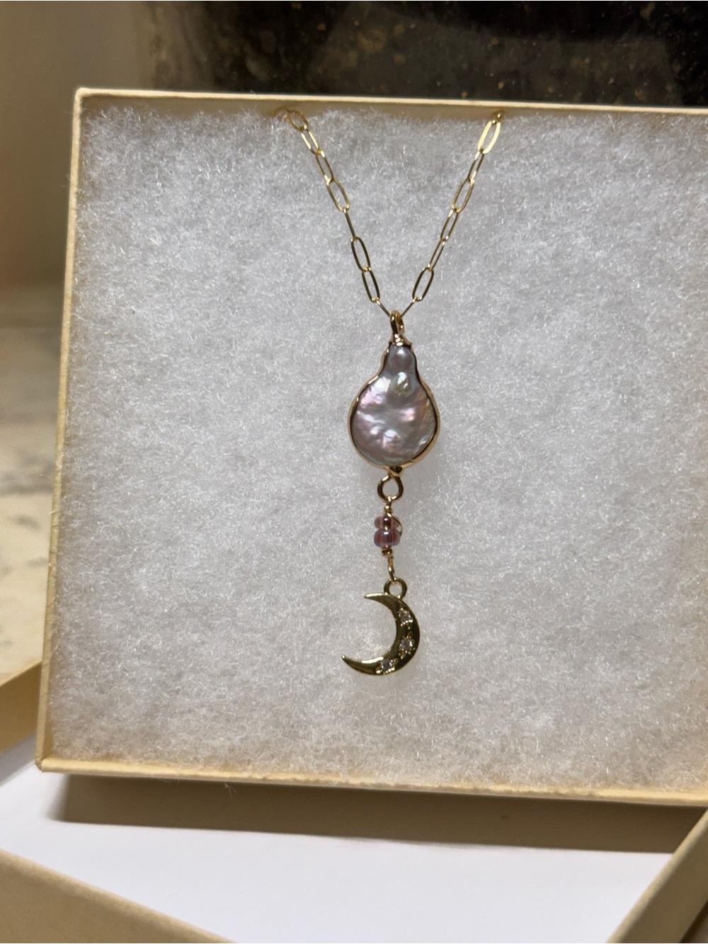 18KGold Moon 18k filled chain& Iridescent Pearl Drop Earrings! ‼️Handmade‼️ - Picture 12 of 12